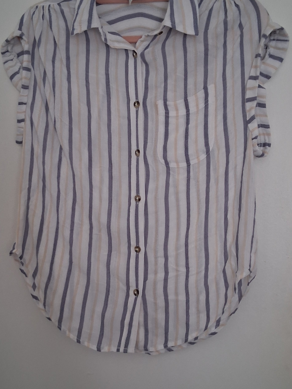 Japna White Button-Down Short-Sleeve Shirt with Blue Stripes